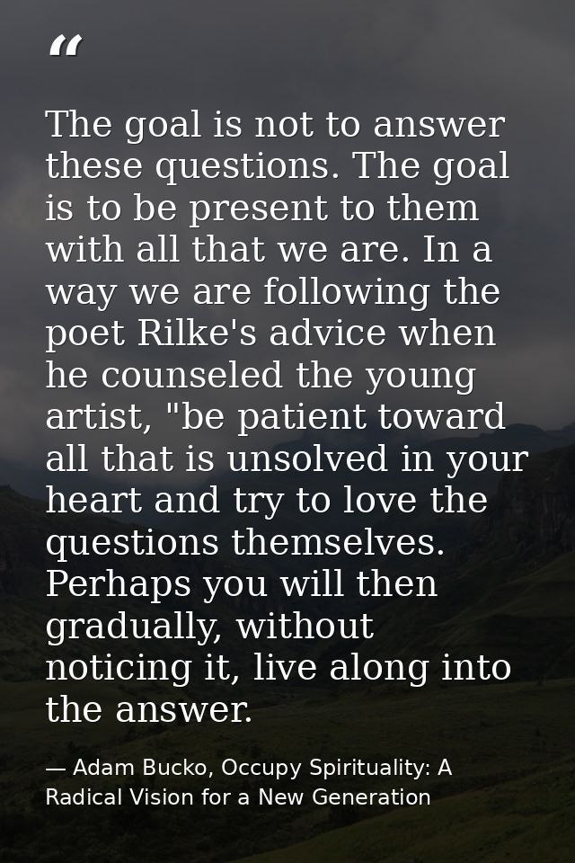 The goal is not to answer these questions. The goal is to be present to them with all that we are. In a way we are follo — Adam Bucko, Occupy Spirituality: A Radical Vision for a New Generation