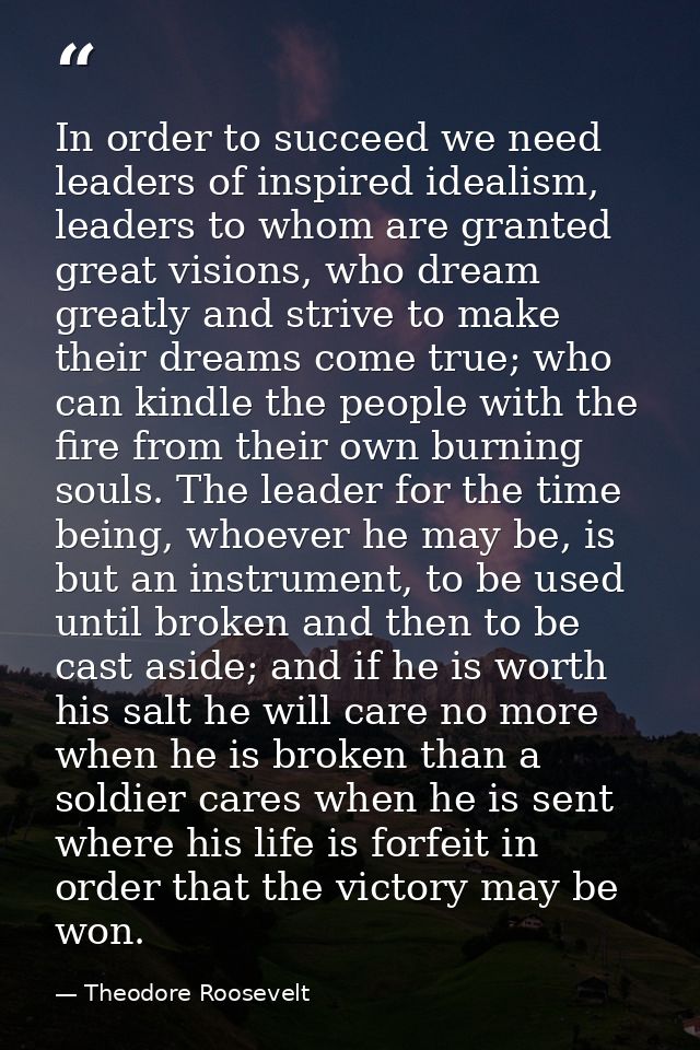 In order to succeed we need leaders of inspired idealism, leaders to whom are granted great visions, who dream greatly a — Theodore Roosevelt
