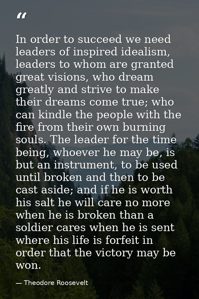In order to succeed we need leaders of inspired idealism, leaders to whom are granted great visions, who dream greatly a — Theodore Roosevelt