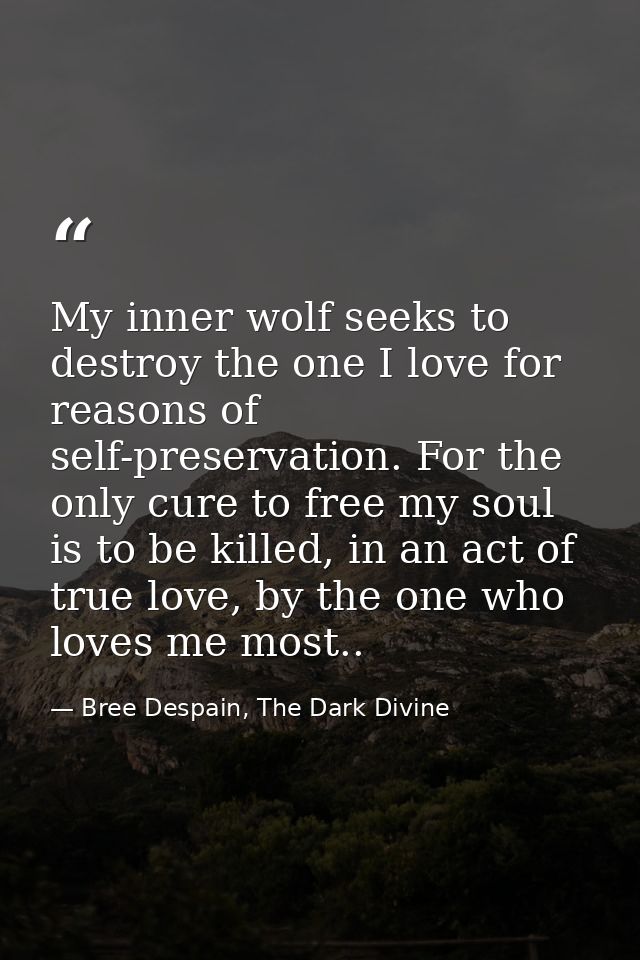 My inner wolf seeks to destroy the one I love for reasons of self-preservation. For the only cure to free my soul is to  — Bree Despain, The Dark Divine