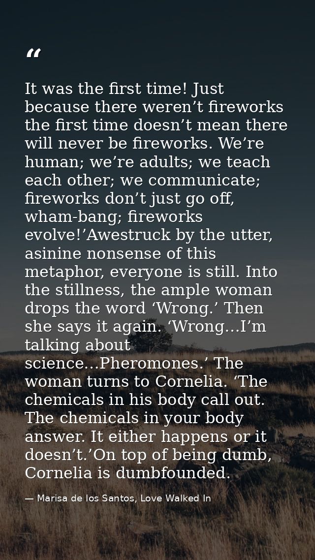 It was the first time! Just because there weren’t fireworks the first time doesn’t mean there will never be fireworks. W — Marisa de los Santos, Love Walked In
