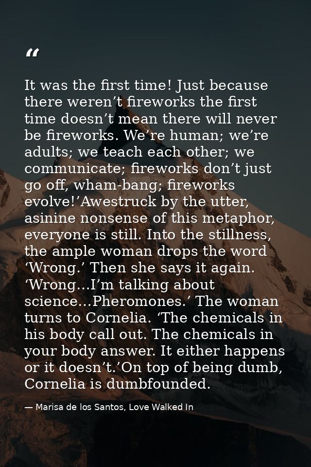 It was the first time! Just because there weren’t fireworks the first time doesn’t mean there will never be fireworks. W — Marisa de los Santos, Love Walked In