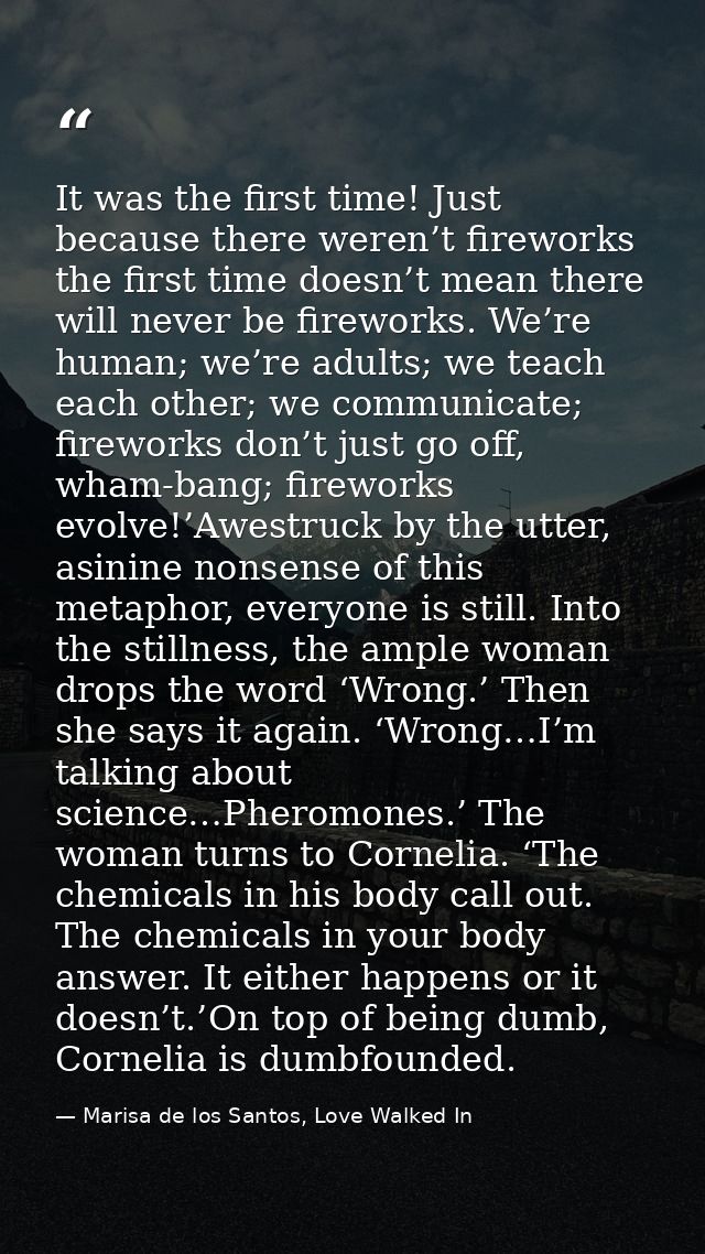It was the first time! Just because there weren’t fireworks the first time doesn’t mean there will never be fireworks. W — Marisa de los Santos, Love Walked In