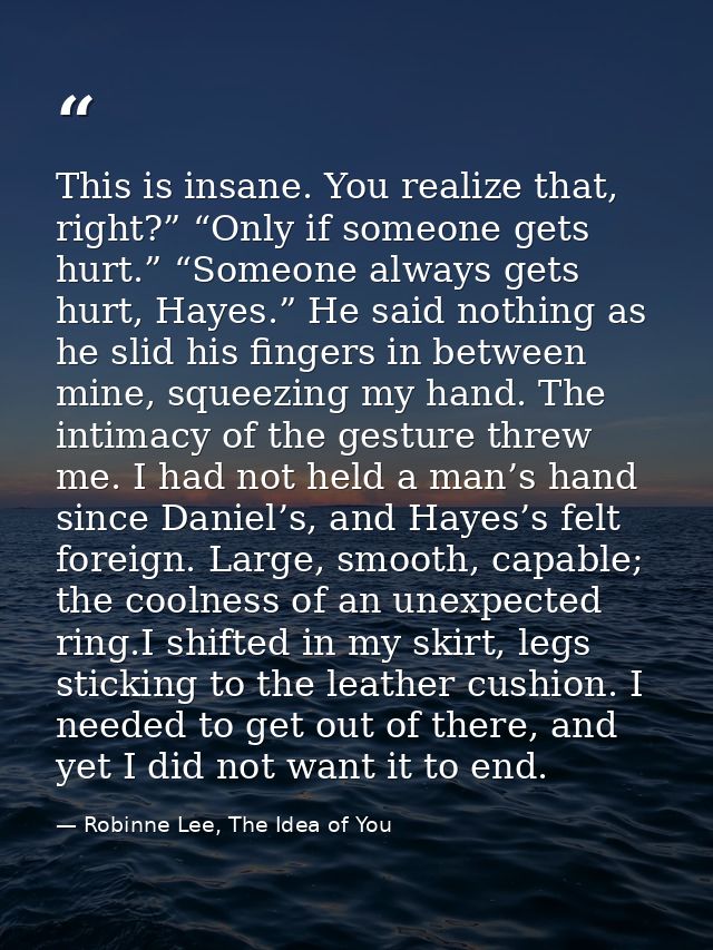 This is insane. You realize that, right?” “Only if someone gets hurt.” “Someone always gets hurt, Hayes.” He said nothin — Robinne Lee, The Idea of You