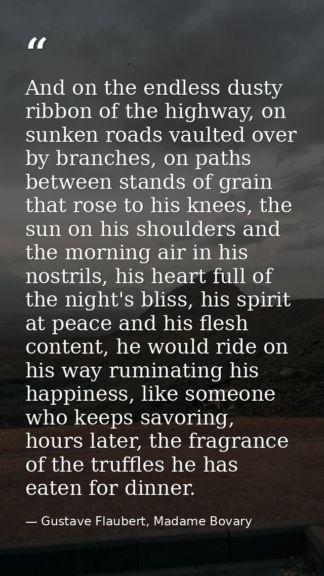 And on the endless dusty ribbon of the highway, on sunken roads vaulted over by branches, on paths between stands of gra — Gustave Flaubert, Madame Bovary