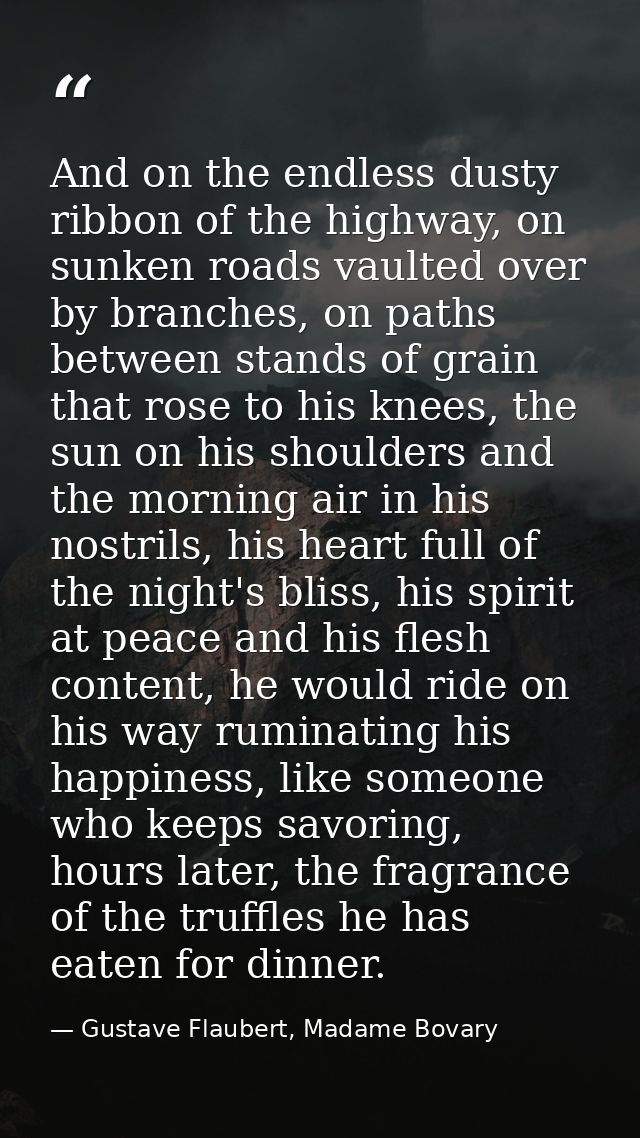 And on the endless dusty ribbon of the highway, on sunken roads vaulted over by branches, on paths between stands of gra — Gustave Flaubert, Madame Bovary
