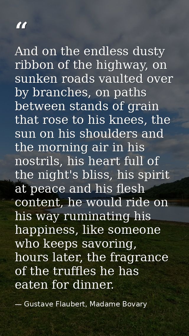 And on the endless dusty ribbon of the highway, on sunken roads vaulted over by branches, on paths between stands of gra — Gustave Flaubert, Madame Bovary