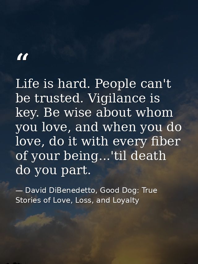 Life is hard. People can't be trusted. Vigilance is key. Be wise about whom you love, and when you do love, do it with e — David DiBenedetto, Good Dog: True Stories of Love, Loss, and Loyalty