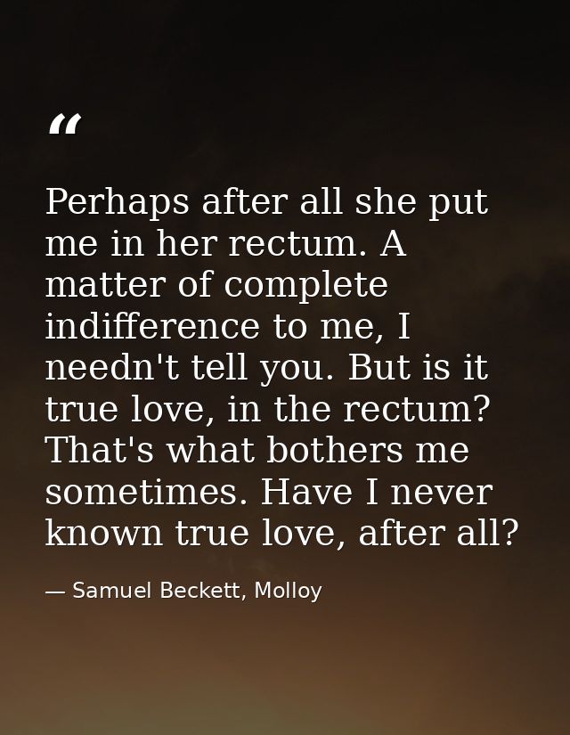 Perhaps after all she put me in her rectum. A matter of complete indifference to me, I needn't tell you. But is it true  — Samuel Beckett, Molloy