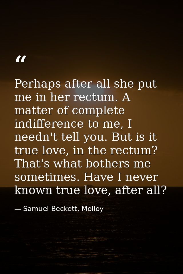 Perhaps after all she put me in her rectum. A matter of complete indifference to me, I needn't tell you. But is it true  — Samuel Beckett, Molloy