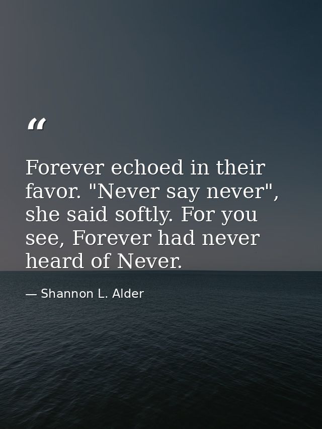 Forever echoed in their favor. "Never say never", she said softly. For you see, Forever had never heard of Never. — Shannon L. Alder