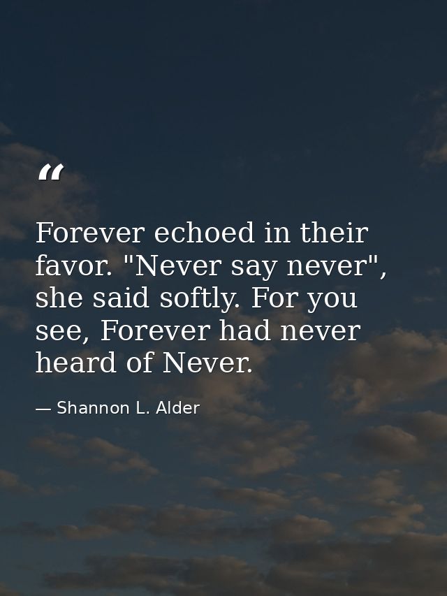 Forever echoed in their favor. "Never say never", she said softly. For you see, Forever had never heard of Never. — Shannon L. Alder