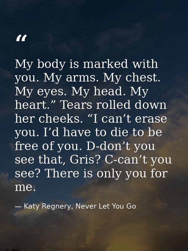 My body is marked with you. My arms. My chest. My eyes. My head. My heart.” Tears rolled down her cheeks. “I can’t erase — Katy Regnery, Never Let You Go