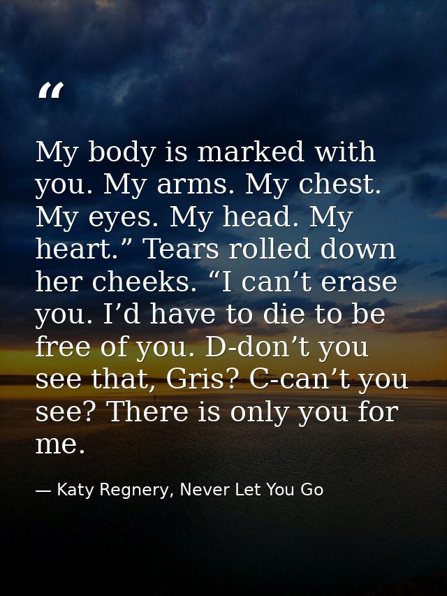 My body is marked with you. My arms. My chest. My eyes. My head. My heart.” Tears rolled down her cheeks. “I can’t erase — Katy Regnery, Never Let You Go