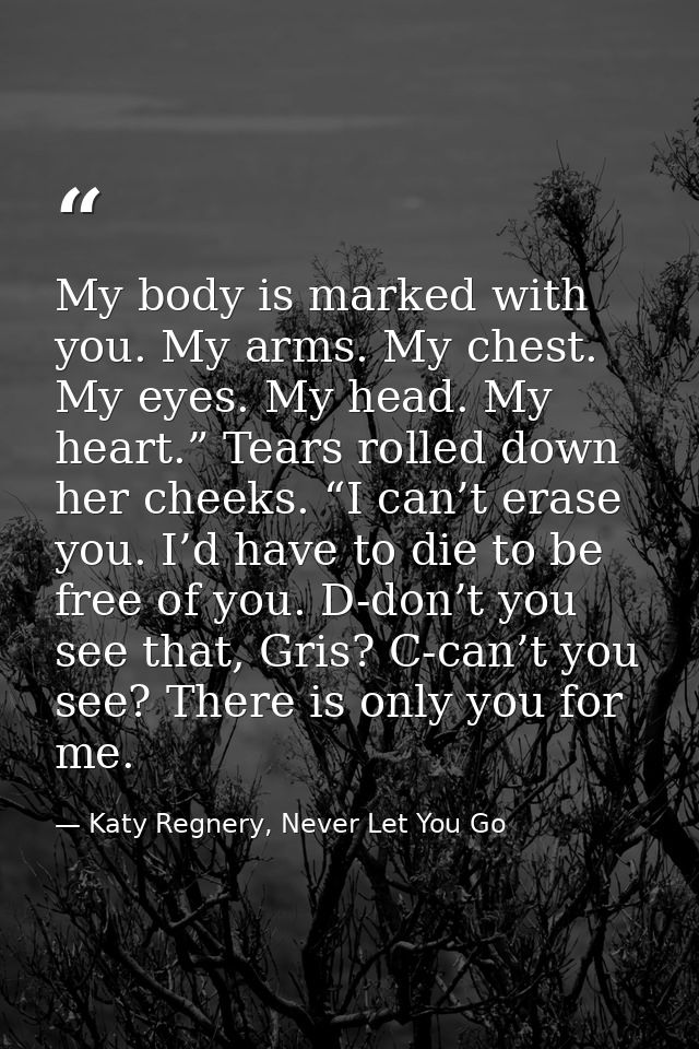 My body is marked with you. My arms. My chest. My eyes. My head. My heart.” Tears rolled down her cheeks. “I can’t erase — Katy Regnery, Never Let You Go