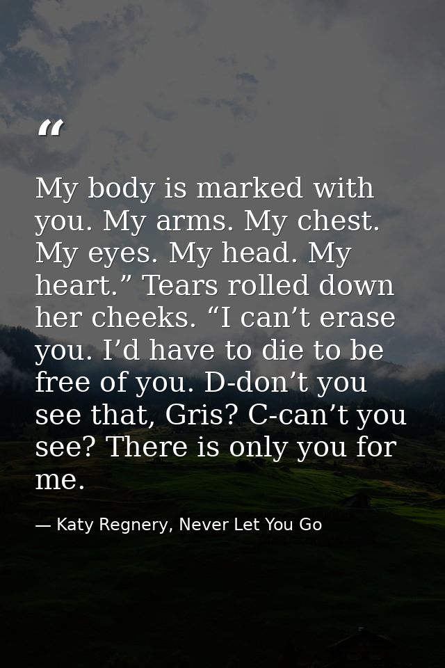 My body is marked with you. My arms. My chest. My eyes. My head. My heart.” Tears rolled down her cheeks. “I can’t erase — Katy Regnery, Never Let You Go
