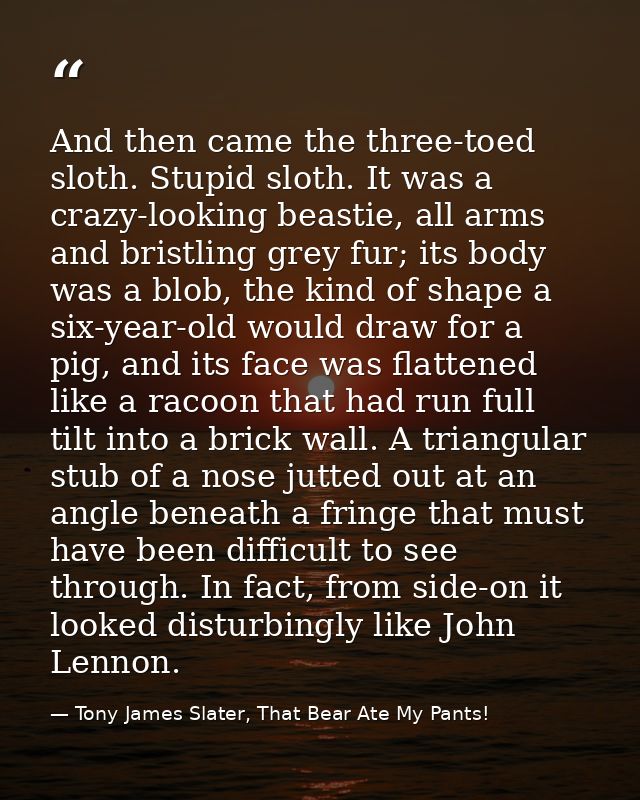 And then came the three-toed sloth. Stupid sloth. It was a crazy-looking beastie, all arms and bristling grey fur; its b — Tony James Slater, That Bear Ate My Pants!