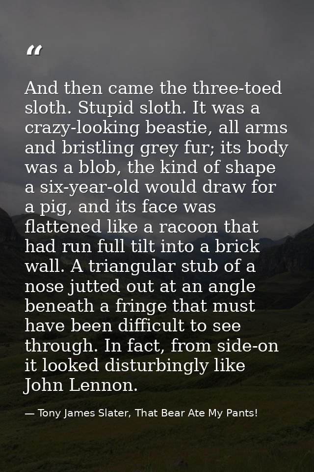 And then came the three-toed sloth. Stupid sloth. It was a crazy-looking beastie, all arms and bristling grey fur; its b — Tony James Slater, That Bear Ate My Pants!