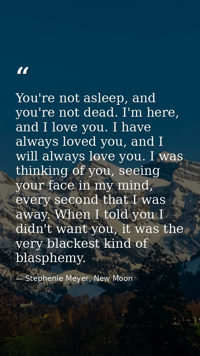 You're not asleep, and you're not dead. I'm here, and I love you. I have always loved you, and I will always love you. I — Stephenie Meyer, New Moon