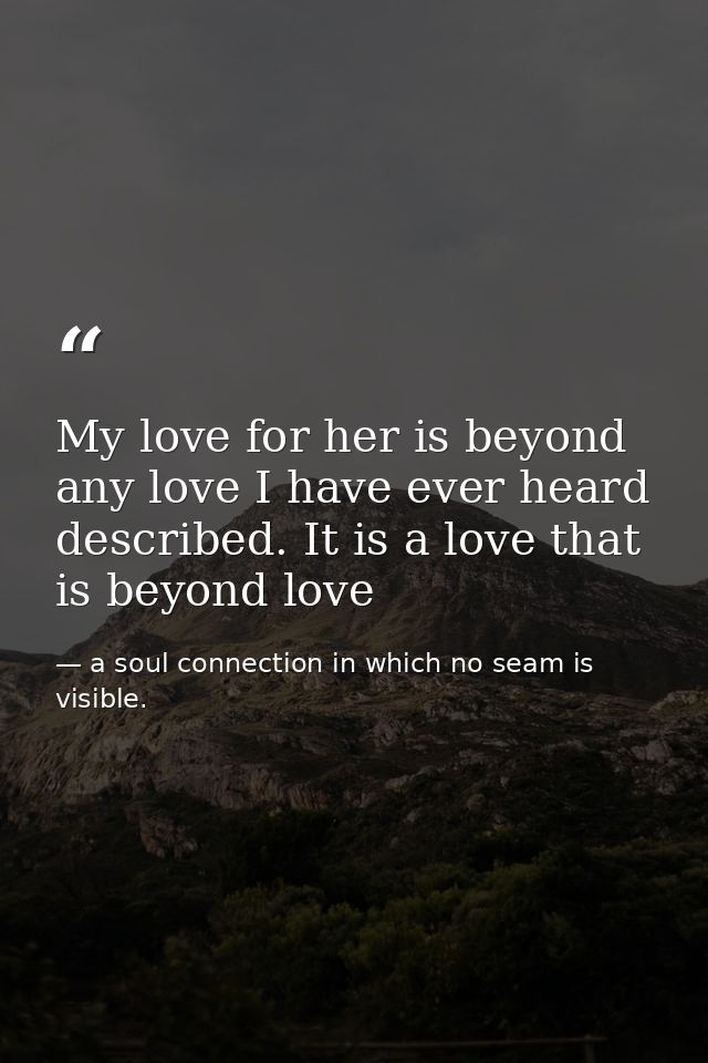 My love for her is beyond any love I have ever heard described. It is a love that is beyond love — a soul connection in which no seam is visible.