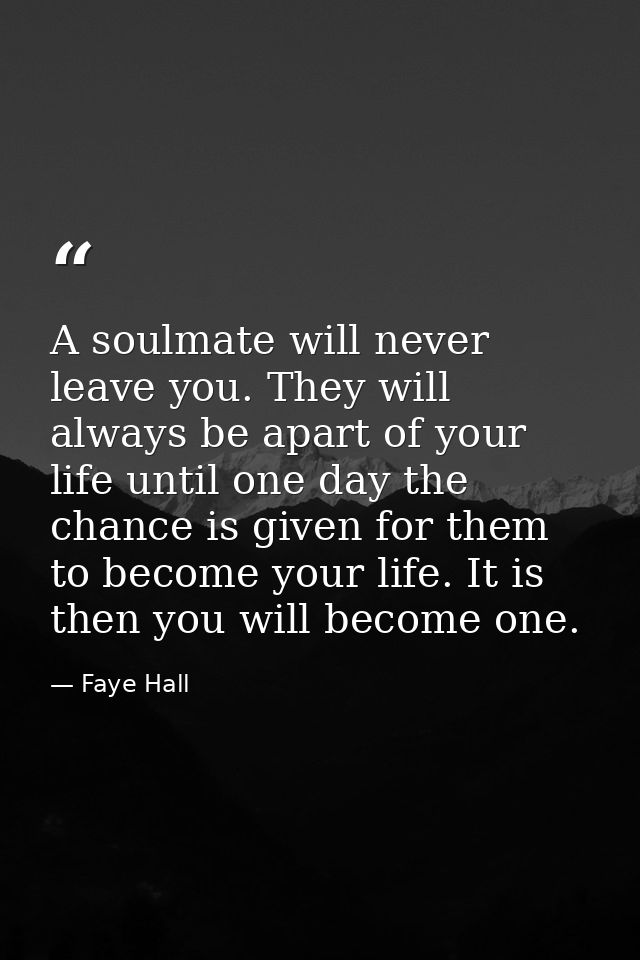 A soulmate will never leave you. They will always be apart of your life until one day the chance is given for them to be — Faye Hall