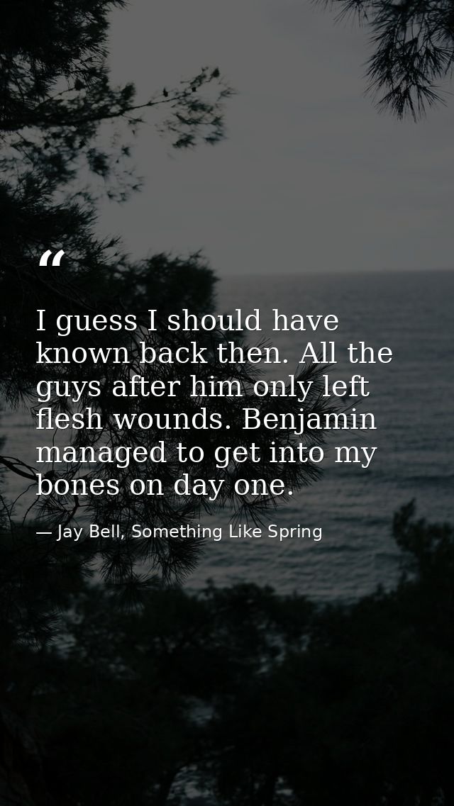 I guess I should have known back then. All the guys after him only left flesh wounds. Benjamin managed to get into my bo — Jay Bell, Something Like Spring