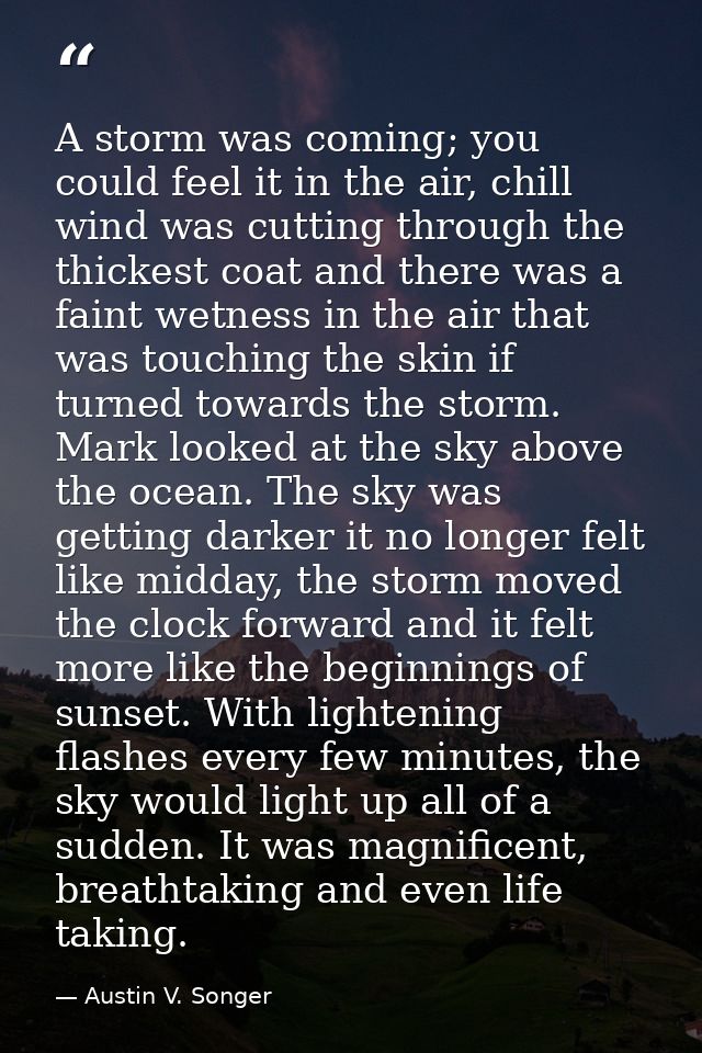 A storm was coming; you could feel it in the air, chill wind was cutting through the thickest coat and there was a faint — Austin V. Songer