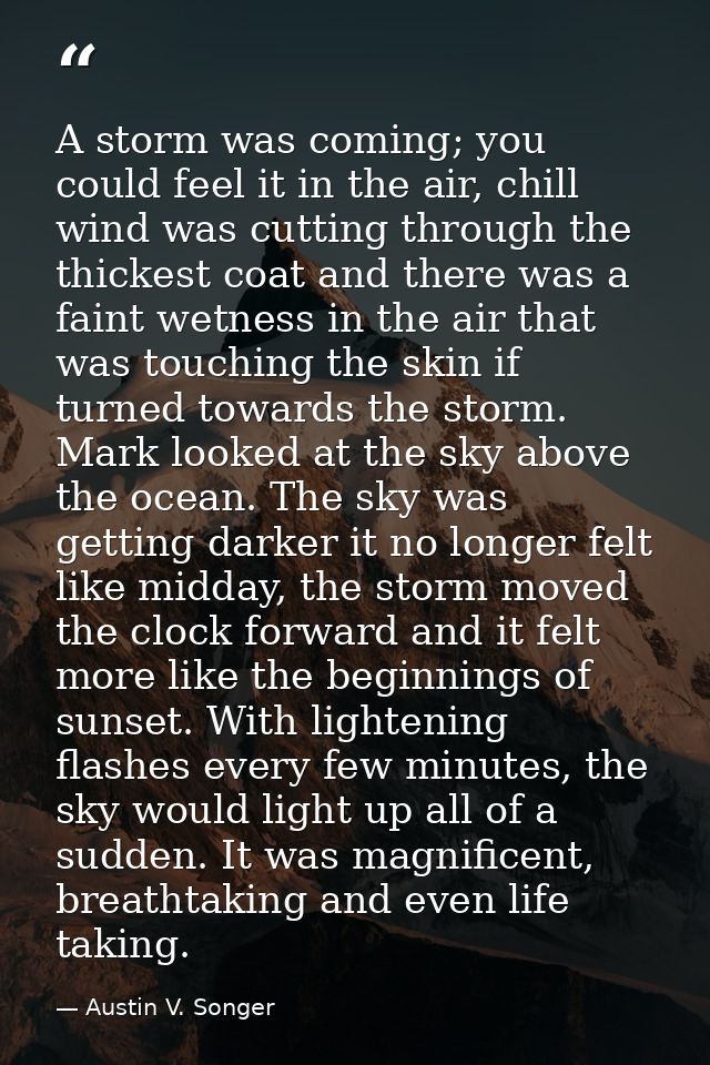 A storm was coming; you could feel it in the air, chill wind was cutting through the thickest coat and there was a faint — Austin V. Songer