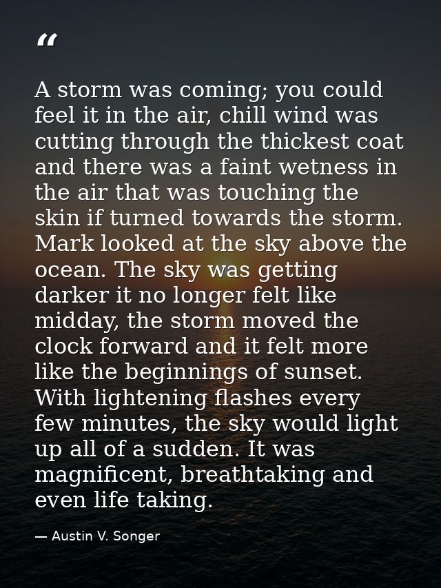 A storm was coming; you could feel it in the air, chill wind was cutting through the thickest coat and there was a faint — Austin V. Songer