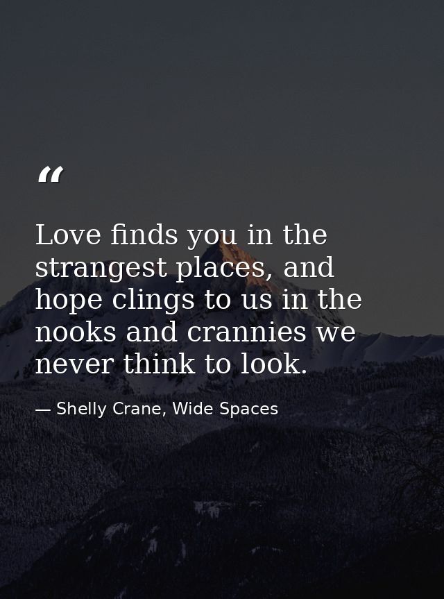 Love finds you in the strangest places, and hope clings to us in the nooks and crannies we never think to look. — Shelly Crane, Wide Spaces