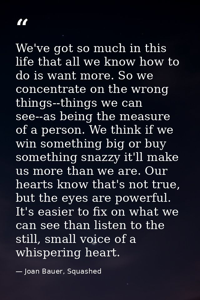 We've got so much in this life that all we know how to do is want more. So we concentrate on the wrong things--things we — Joan Bauer, Squashed