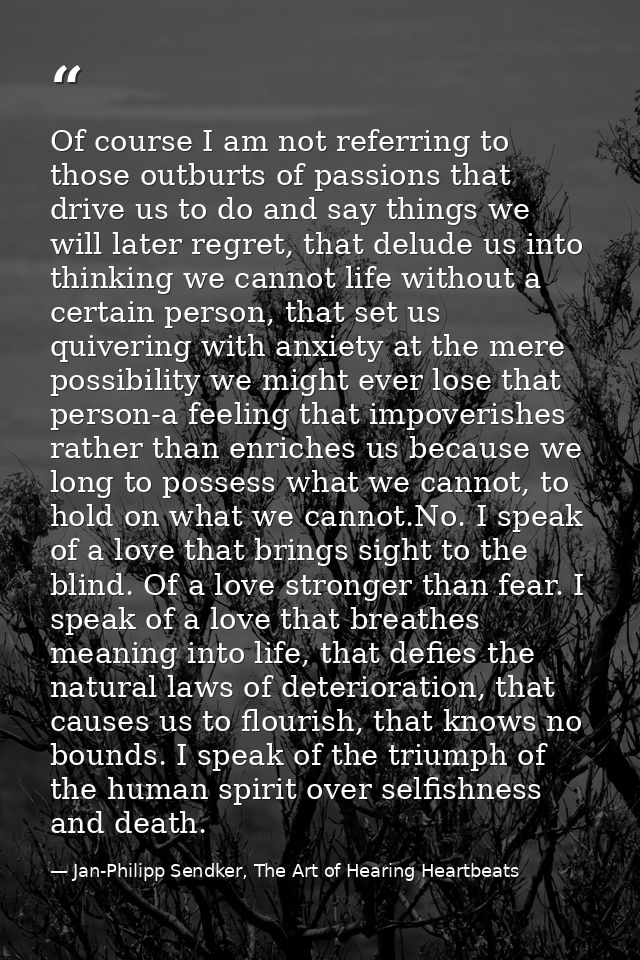Of course I am not referring to those outburts of passions that drive us to do and say things we will later regret, that — Jan-Philipp Sendker, The Art of Hearing Heartbeats