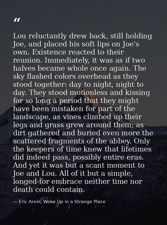 Lou reluctantly drew back, still holding Joe, and placed his soft lips on Joe's own. Existence reacted to their reunion. — Eric Arvin, Woke Up in a Strange Place