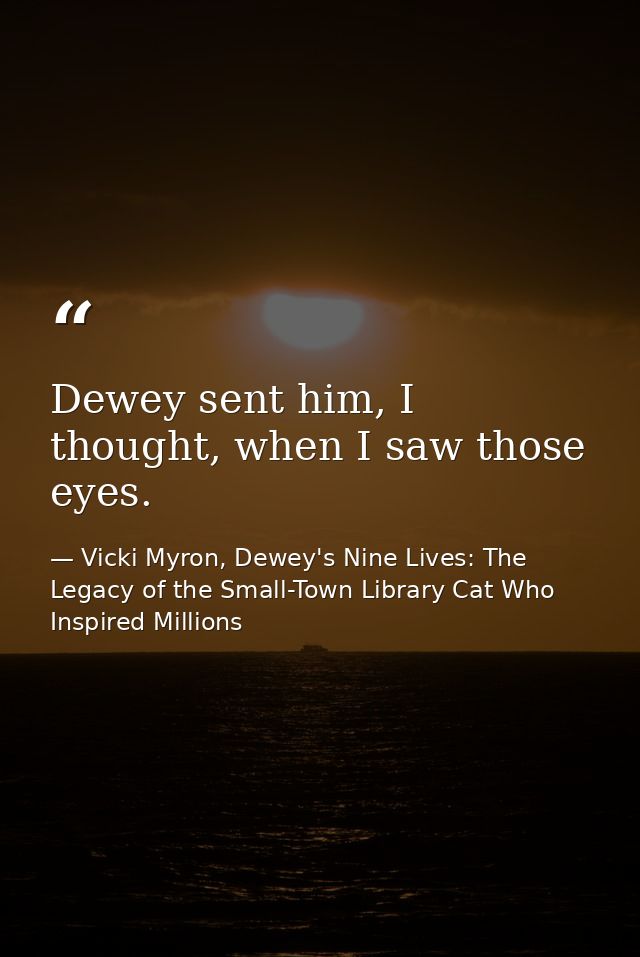 Dewey sent him, I thought, when I saw those eyes. — Vicki Myron, Dewey's Nine Lives: The Legacy of the Small-Town Library Cat Who Inspired Millions