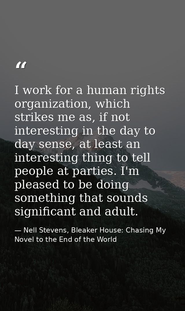 I work for a human rights organization, which strikes me as, if not interesting in the day to day sense, at least an int — Nell Stevens, Bleaker House: Chasing My Novel to the End of the World