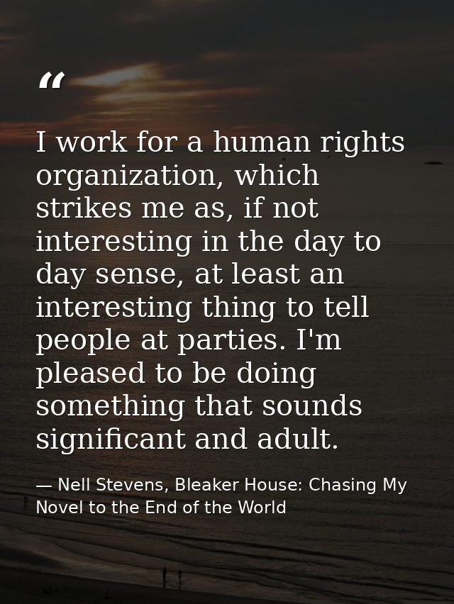 I work for a human rights organization, which strikes me as, if not interesting in the day to day sense, at least an int — Nell Stevens, Bleaker House: Chasing My Novel to the End of the World