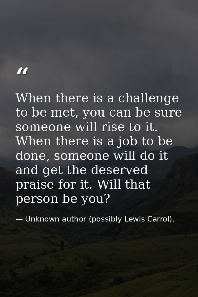 When there is a challenge to be met, you can be sure someone will rise to it. When there is a job to be done, someone wi — Unknown author (possibly Lewis Carrol).