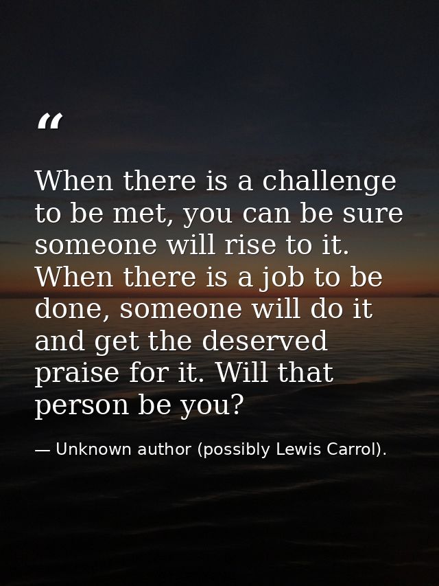 When there is a challenge to be met, you can be sure someone will rise to it. When there is a job to be done, someone wi — Unknown author (possibly Lewis Carrol).