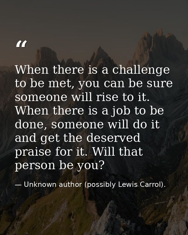 When there is a challenge to be met, you can be sure someone will rise to it. When there is a job to be done, someone wi — Unknown author (possibly Lewis Carrol).