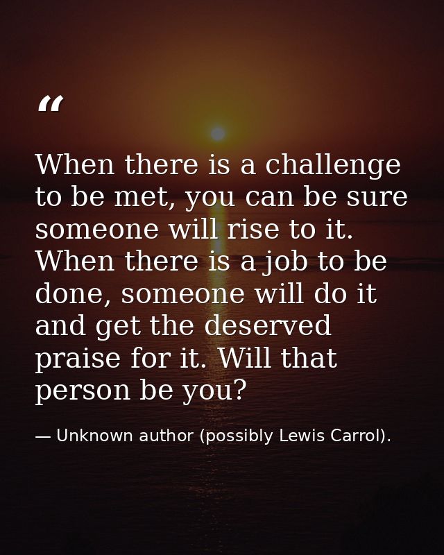 When there is a challenge to be met, you can be sure someone will rise to it. When there is a job to be done, someone wi — Unknown author (possibly Lewis Carrol).