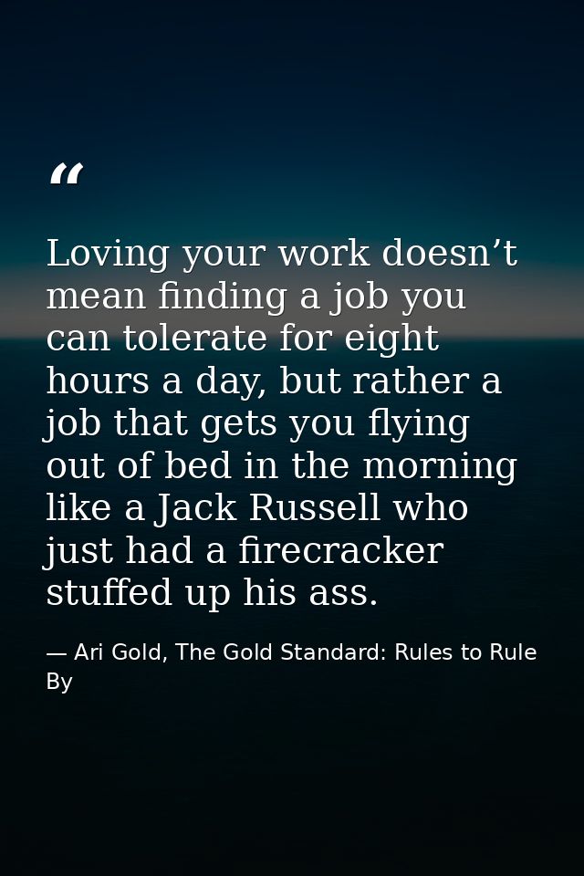 Loving your work doesn’t mean finding a job you can tolerate for eight hours a day, but rather a job that gets you flyin — Ari Gold, The Gold Standard: Rules to Rule By