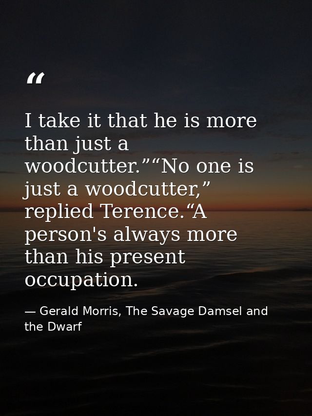 I take it that he is more than just a woodcutter.”“No one is just a woodcutter,” replied Terence.“A person's always more — Gerald Morris, The Savage Damsel and the Dwarf