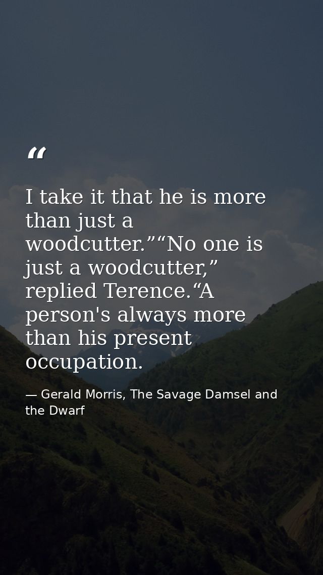 I take it that he is more than just a woodcutter.”“No one is just a woodcutter,” replied Terence.“A person's always more — Gerald Morris, The Savage Damsel and the Dwarf