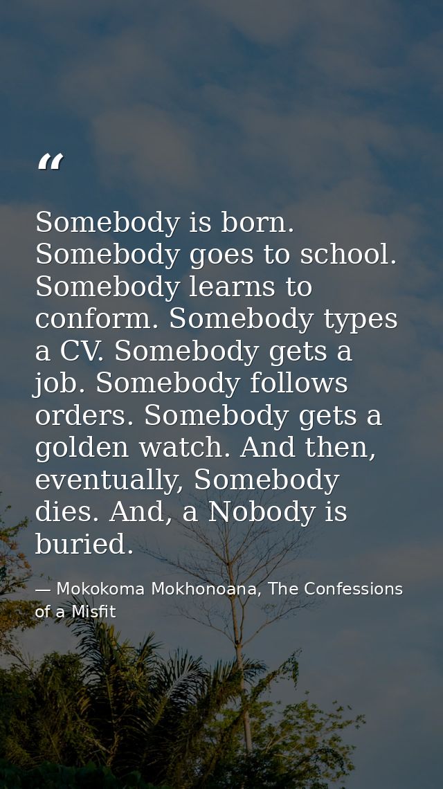 Somebody is born. Somebody goes to school. Somebody learns to conform. Somebody types a CV. Somebody gets a job. Somebod — Mokokoma Mokhonoana, The Confessions of a Misfit