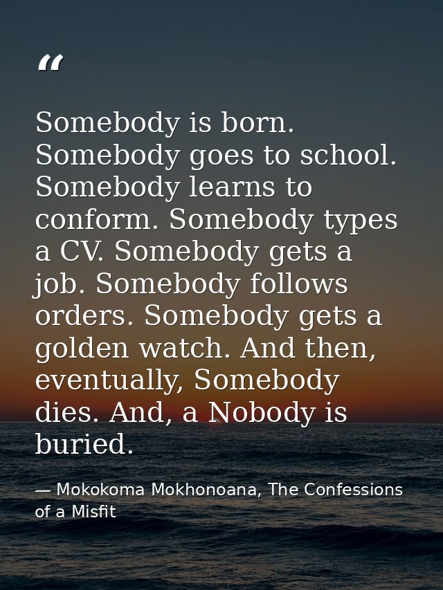 Somebody is born. Somebody goes to school. Somebody learns to conform. Somebody types a CV. Somebody gets a job. Somebod — Mokokoma Mokhonoana, The Confessions of a Misfit