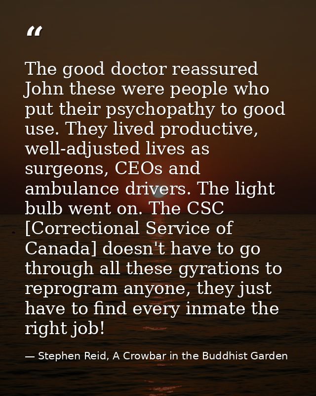 The good doctor reassured John these were people who put their psychopathy to good use. They lived productive, well-adju — Stephen Reid, A Crowbar in the Buddhist Garden