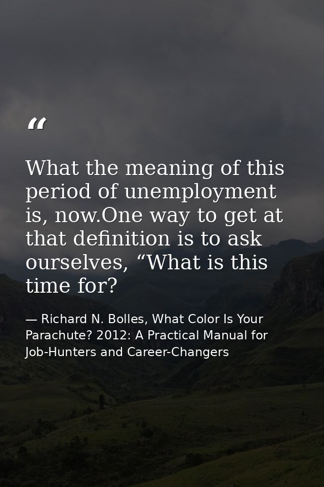 What the meaning of this period of unemployment is, now.One way to get at that definition is to ask ourselves, “What is  — Richard N. Bolles, What Color Is Your Parachute? 2012: A Practical Manual for Job-Hunters and Career-Changers