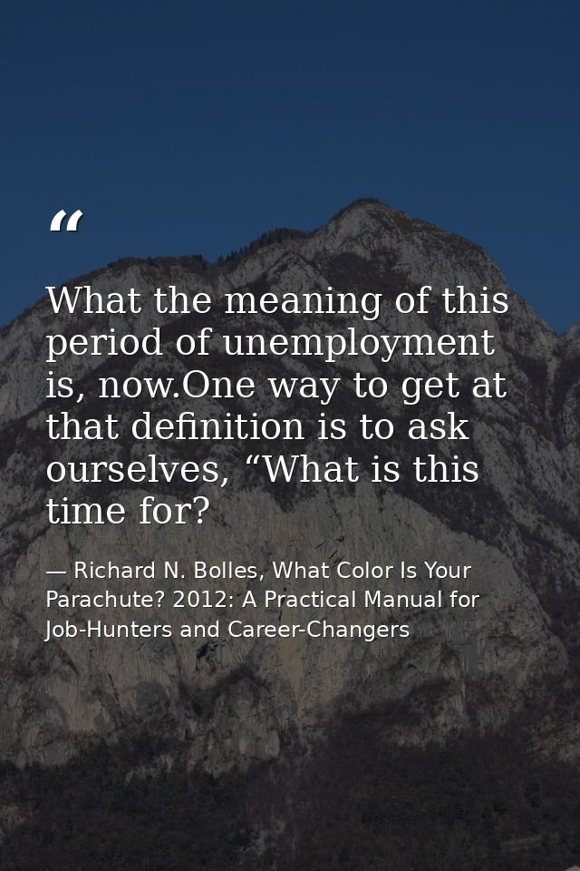 What the meaning of this period of unemployment is, now.One way to get at that definition is to ask ourselves, “What is  — Richard N. Bolles, What Color Is Your Parachute? 2012: A Practical Manual for Job-Hunters and Career-Changers