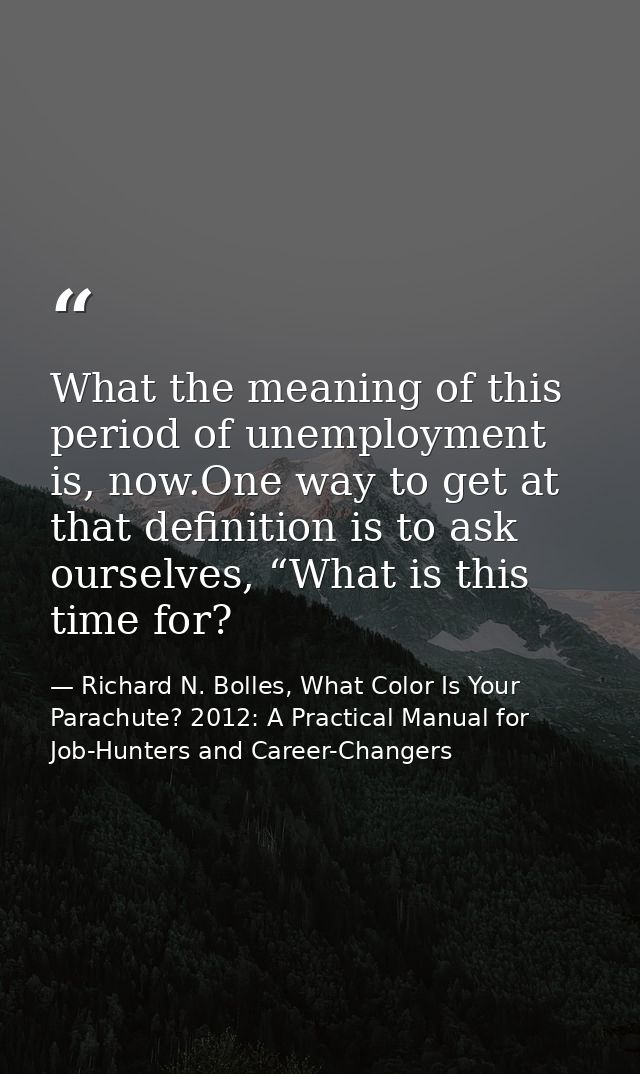 What the meaning of this period of unemployment is, now.One way to get at that definition is to ask ourselves, “What is  — Richard N. Bolles, What Color Is Your Parachute? 2012: A Practical Manual for Job-Hunters and Career-Changers