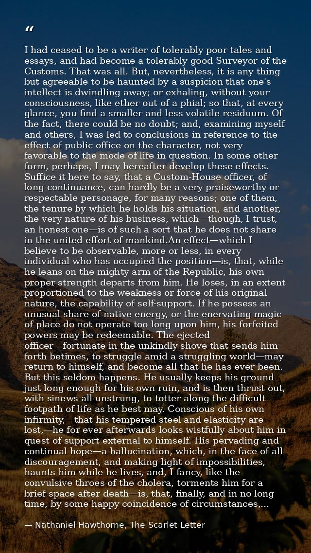 I had ceased to be a writer of tolerably poor tales and essays, and had become a tolerably good Surveyor of the Customs. — Nathaniel Hawthorne, The Scarlet Letter